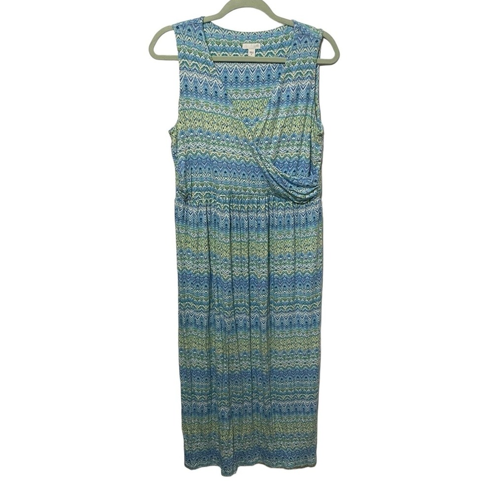 J.Jill Maxi Dress Women's Medium Blue Green Geometric Print Stretch Maxi Dress‎